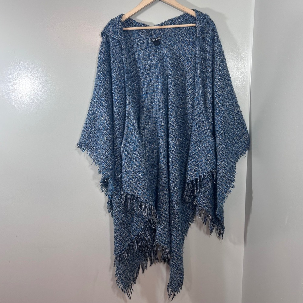 Steve Madden Blue Grey Boucle Knit Hooded Poncho Wrap Fringe One Size One Size